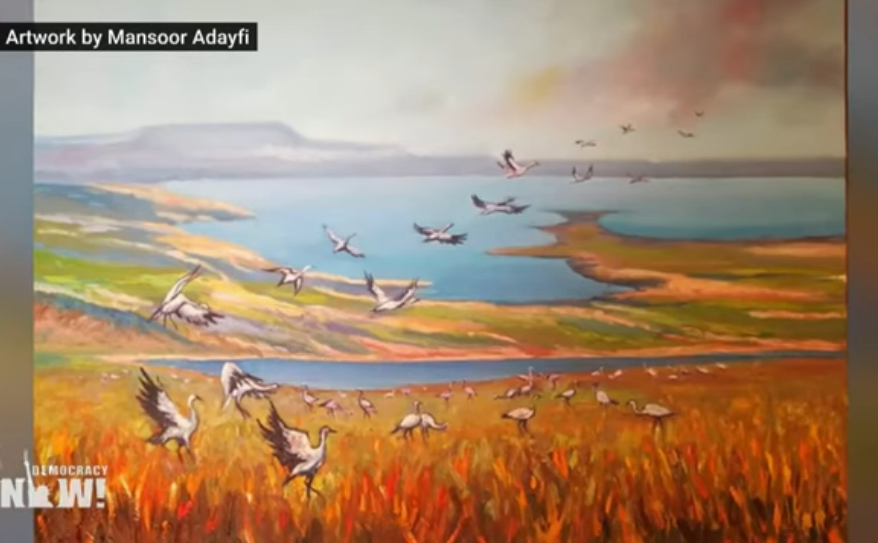 cranes by a coastal landscape - artwork by Mansoor Adayfi
